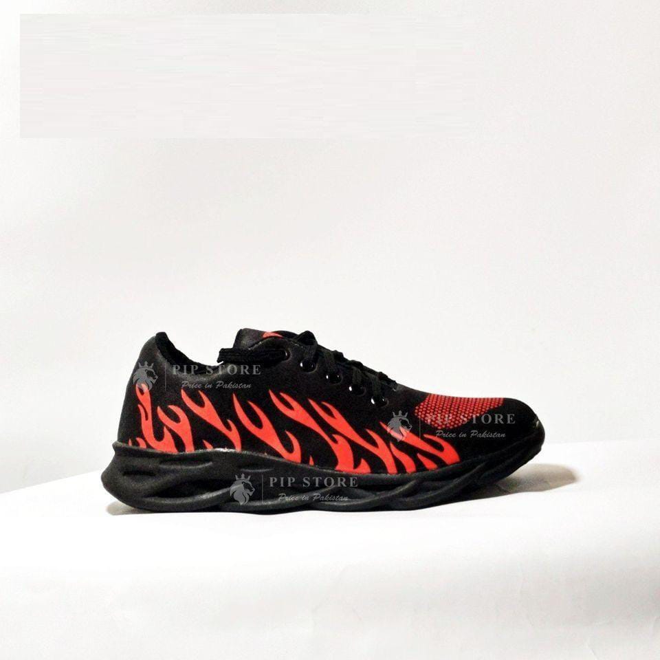 men's red flame running joggers black sneakers